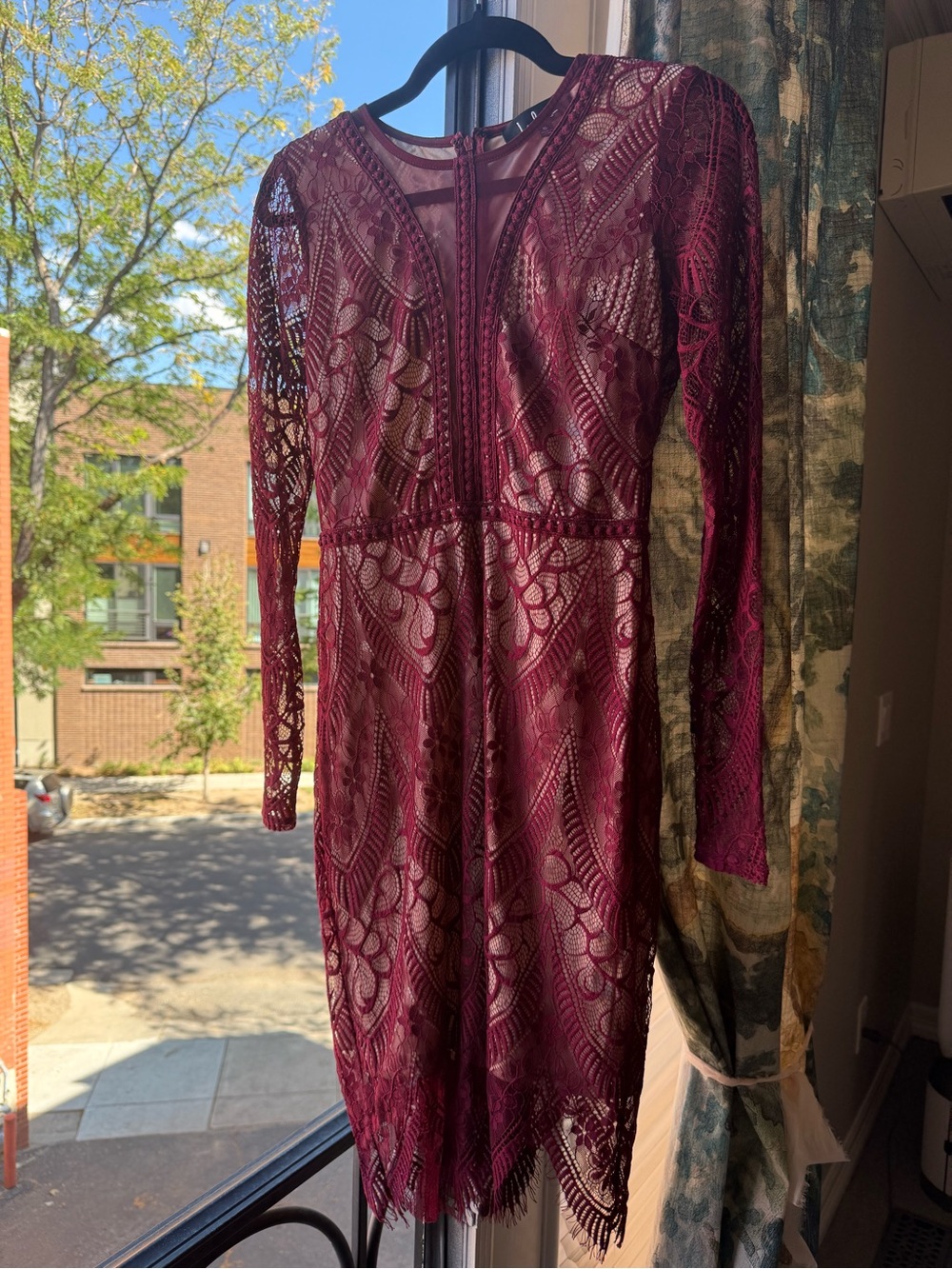 LuLus Burgundy Lace Long Sleeve Bodycon Dress - Small